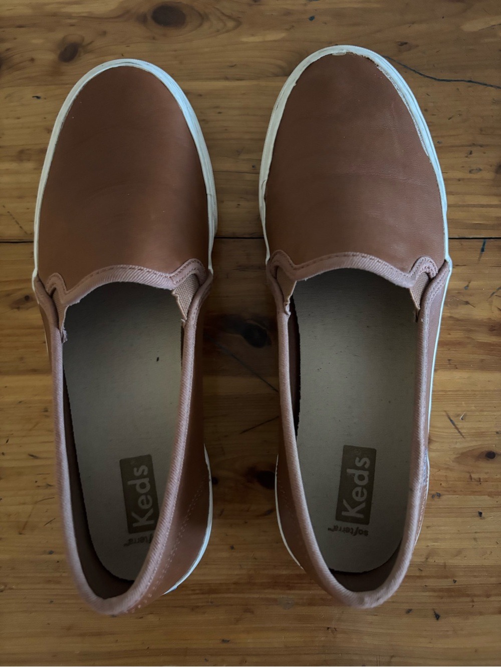 Keds Leather Slip-On Sneakers in Cognac/Tan with White Soles
